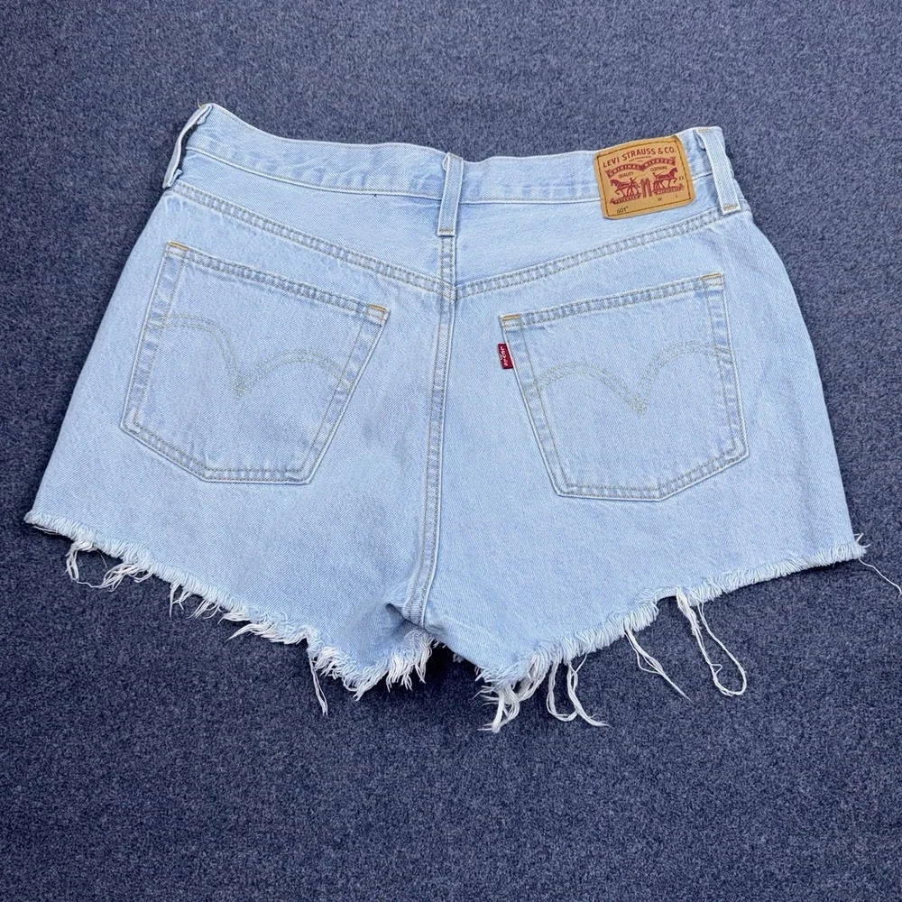 Levi's 501 Shorts Womens W32 Blue Denim High Rise Button Fly Distressed Cutoff